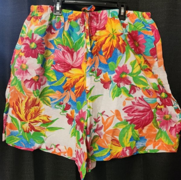 Vintage 80s Bright Tropical Floral Shorts, Tiki Summer Wear SZ XL Simply Susan - Picture 1 of 3